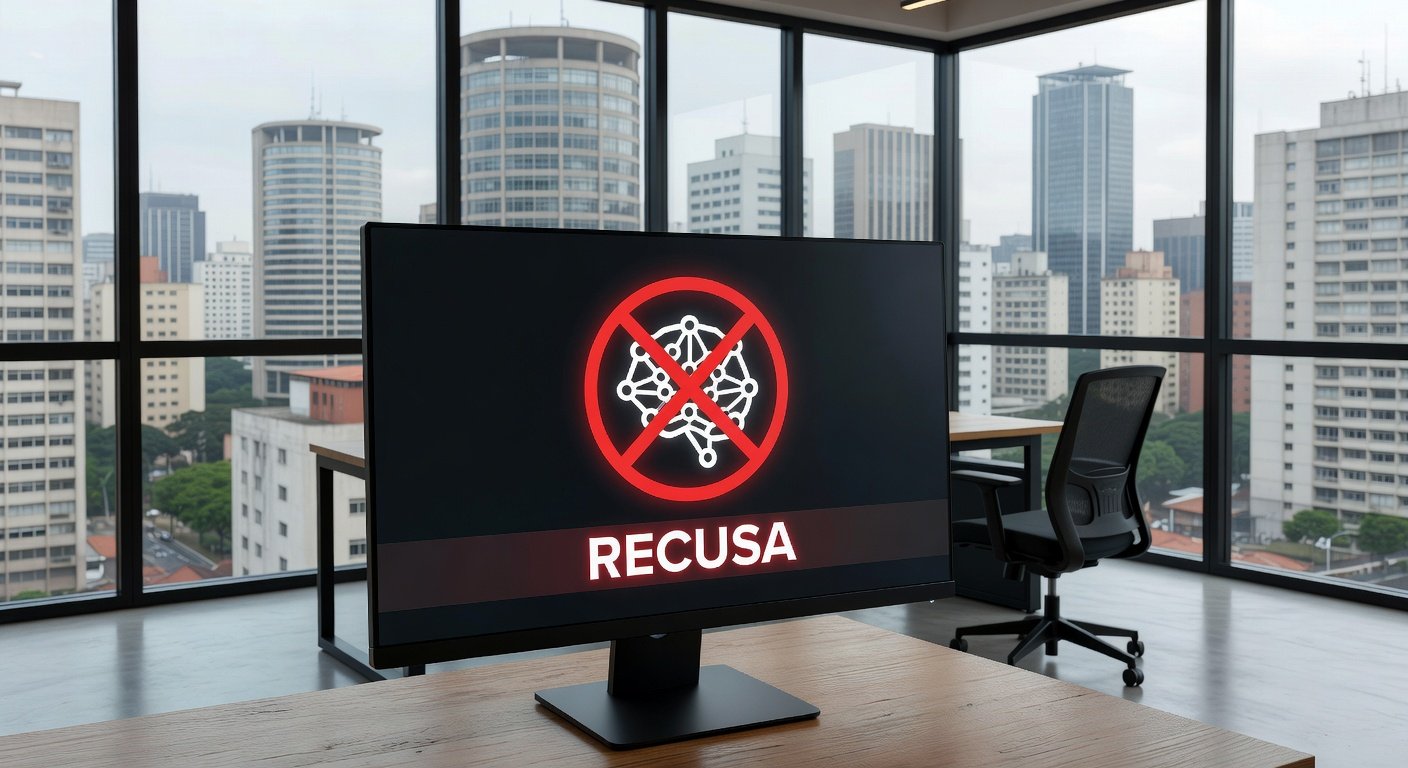 Tela de computador com ícone de IA recusando gerar notícia para evitar fake news, em escritório brasileiro.