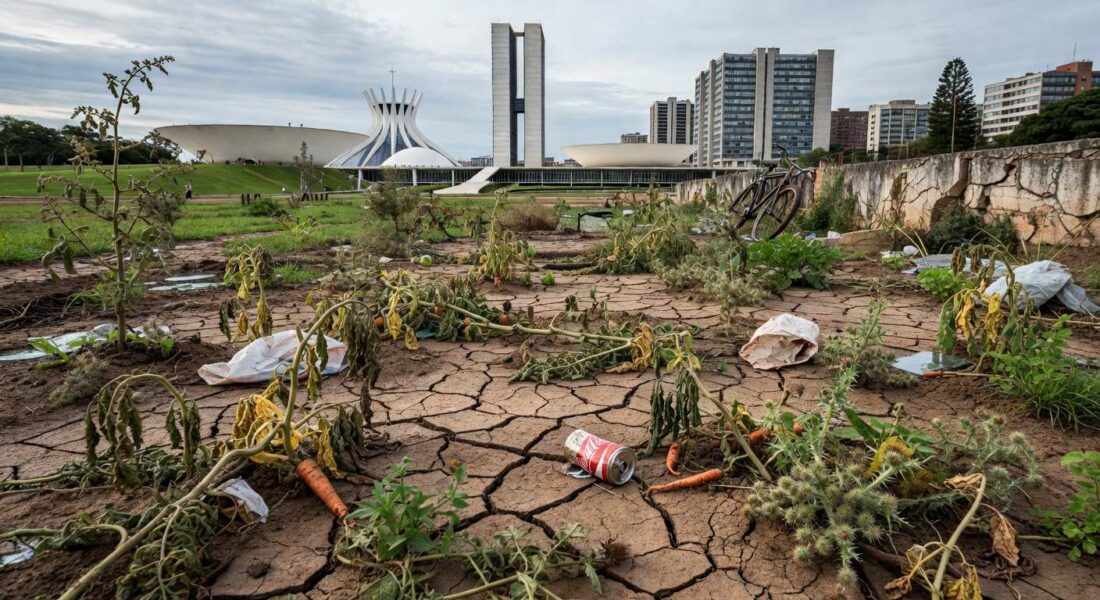 Horta urbana degradada em Brasília, com plantas secas e solo rachado, alertando para deficiências graves na agricultura do DF.