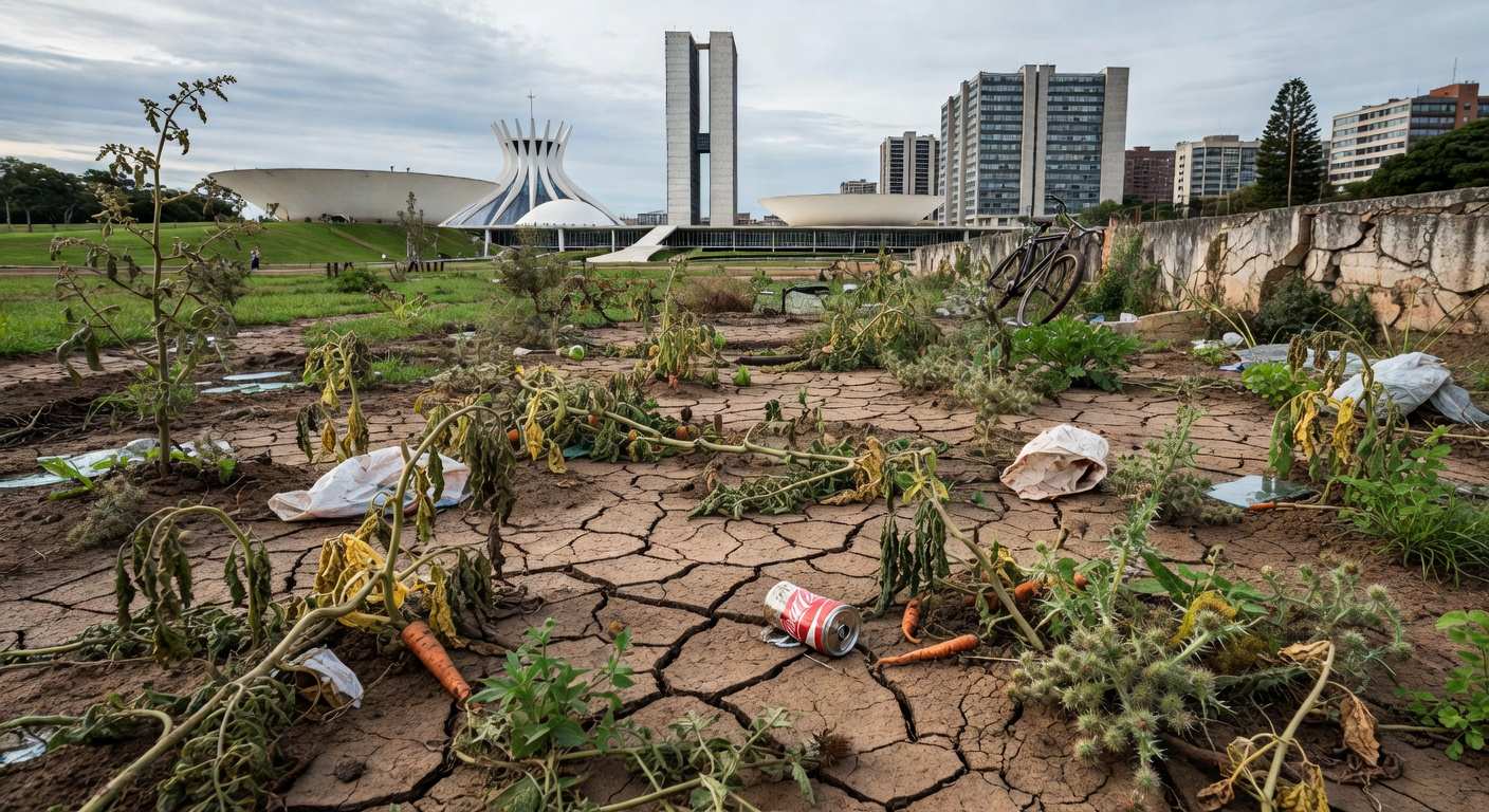 Horta urbana degradada em Brasília, com plantas secas e solo rachado, alertando para deficiências graves na agricultura do DF.