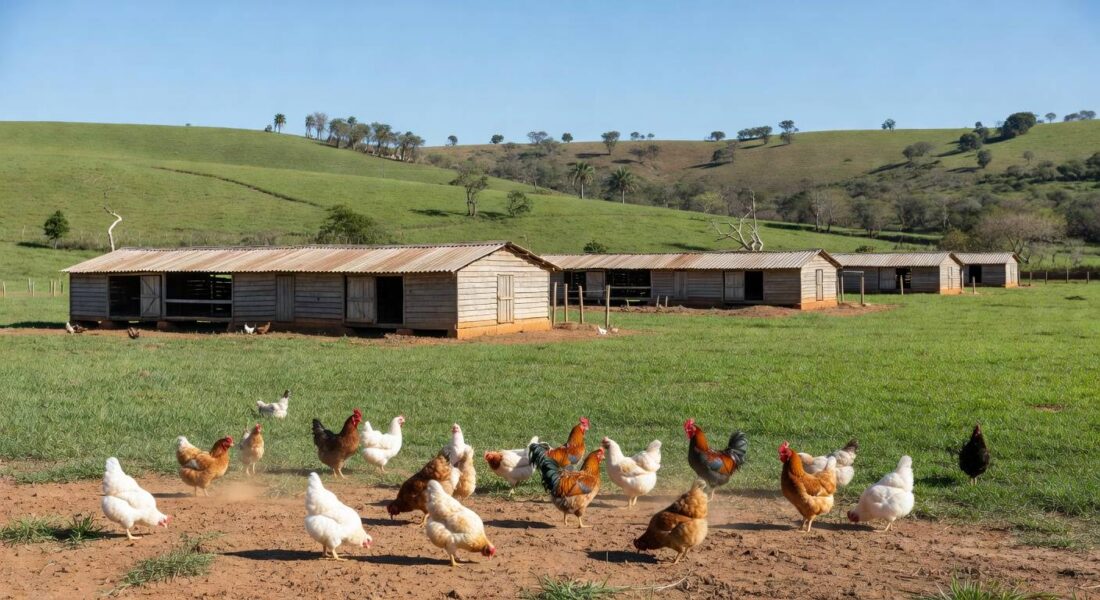 Granja avícola no DF com paisagem de Brasília ao fundo, representando apoio à avicultura.