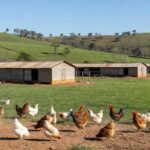 Granja avícola no DF com paisagem de Brasília ao fundo, representando apoio à avicultura.