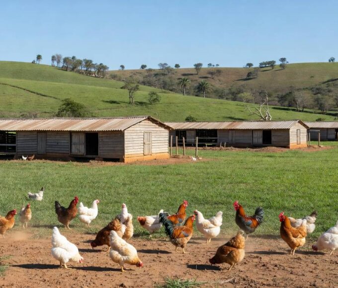Granja avícola no DF com paisagem de Brasília ao fundo, representando apoio à avicultura.