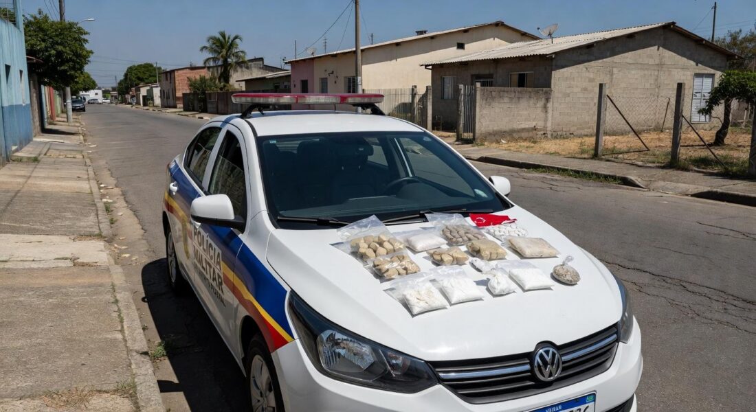 Viatura da PMDF em rua de Santa Maria com drogas apreendidas, representando prisão por tráfico.