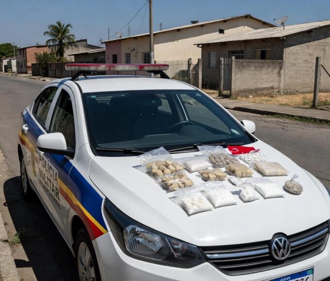 Viatura da PMDF em rua de Santa Maria com drogas apreendidas, representando prisão por tráfico.