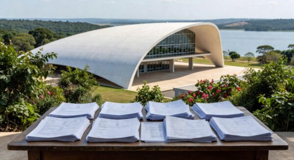 Prédio administrativo em Brasília com documentos burocráticos, representando desafios na representatividade de conselho da Caesb no DF.