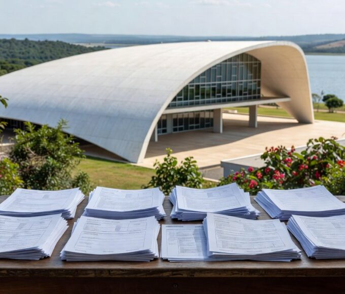 Prédio administrativo em Brasília com documentos burocráticos, representando desafios na representatividade de conselho da Caesb no DF.