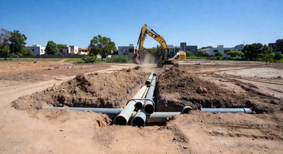 Infraestrutura de saneamento em expansão no Jardim Botânico e São Sebastião, Distrito Federal, com tubulações e vegetação local.