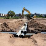 Infraestrutura de saneamento em expansão no Jardim Botânico e São Sebastião, Distrito Federal, com tubulações e vegetação local.