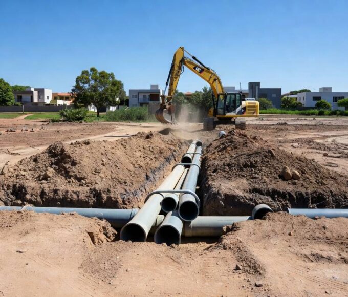 Infraestrutura de saneamento em expansão no Jardim Botânico e São Sebastião, Distrito Federal, com tubulações e vegetação local.