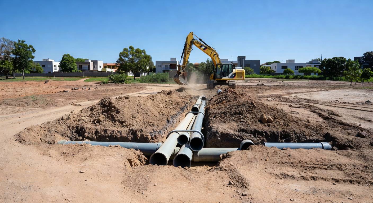 Infraestrutura de saneamento em expansão no Jardim Botânico e São Sebastião, Distrito Federal, com tubulações e vegetação local.