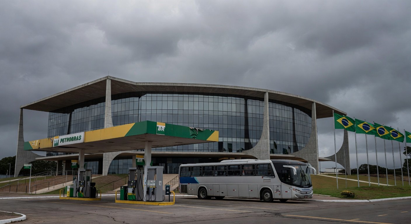 Posto de gasolina vazio e ônibus parado em Brasília, simbolizando meia-entrada para frentistas e rodoviários ignorando crise salarial.