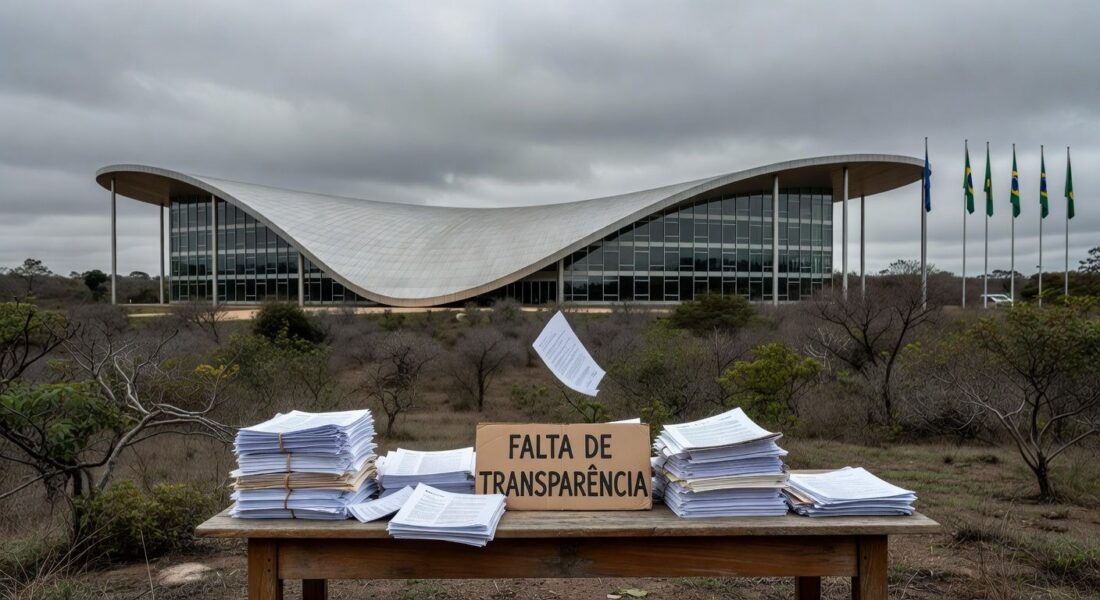 Edifício da CLDF em Brasília com documentos financeiros, representando aprovação polêmica de crédito para Ceasa sem transparência.