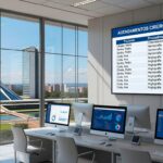 Sala de cirurgia ortopédica vazia em hospital brasileiro com equipamentos e telas de software de integração.