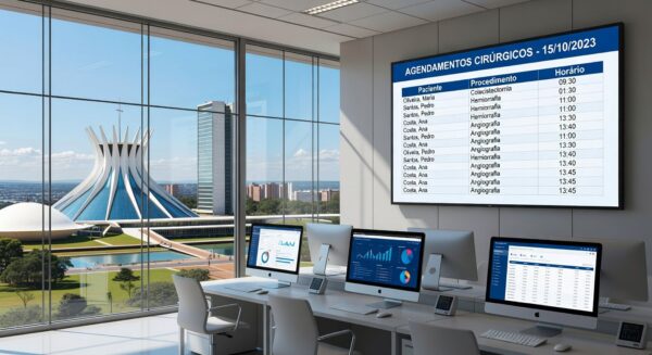 Sala de cirurgia ortopédica vazia em hospital brasileiro com equipamentos e telas de software de integração.