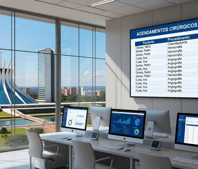 Sala de cirurgia ortopédica vazia em hospital brasileiro com equipamentos e telas de software de integração.