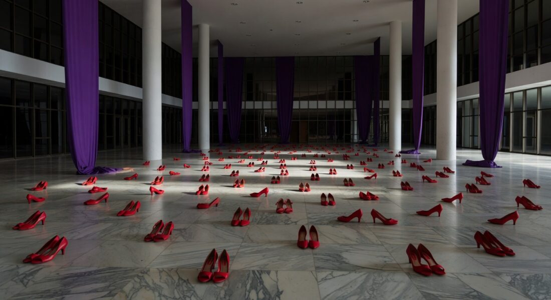 Edifício da CLDF em Brasília com passarela no plenário vazio, simbolizando fracasso no combate à violência contra mulheres.