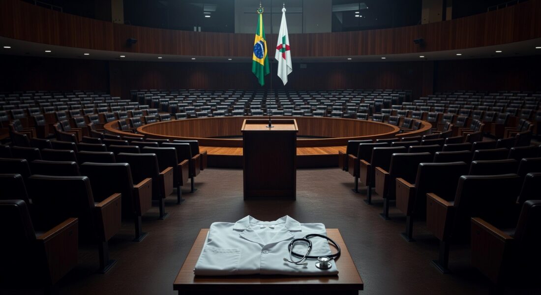Sala de plenário vazia na CLDF com símbolos de enfermagem, representando homenagem sem avanços reais.
