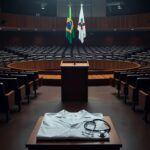 Sala de plenário vazia na CLDF com símbolos de enfermagem, representando homenagem sem avanços reais.