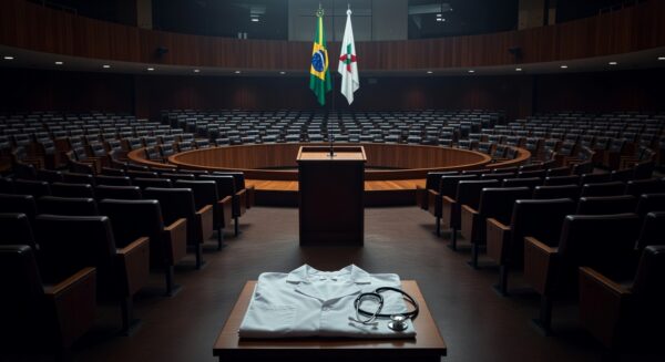 Sala de plenário vazia na CLDF com símbolos de enfermagem, representando homenagem sem avanços reais.
