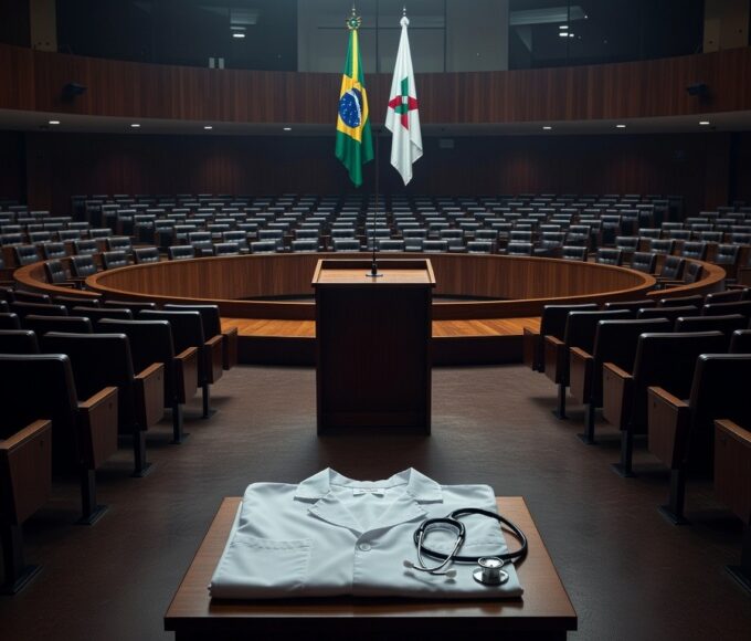 Sala de plenário vazia na CLDF com símbolos de enfermagem, representando homenagem sem avanços reais.