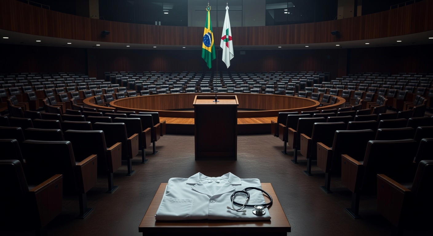 Sala de plenário vazia na CLDF com símbolos de enfermagem, representando homenagem sem avanços reais.