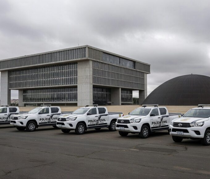 Viaturas da Polícia Civil em frente à CLDF, com documentos simbólicos de preocupações financeiras em Brasília.