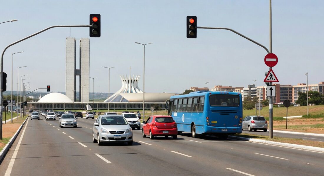 Trânsito movimentado em avenida de Brasília, ilustrando estudo do Detran-DF sobre aumento de 54% em mortes de mulheres no DF em 2025.