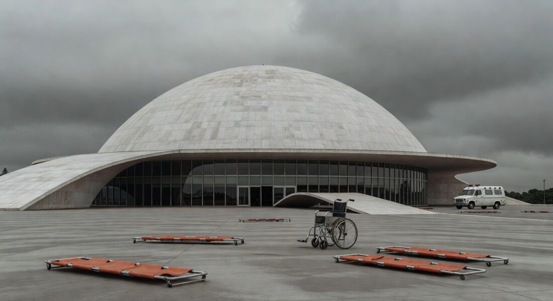 Hospital público em Brasília com equipamentos quebrados, expondo falhas na saúde durante celebração sindical.