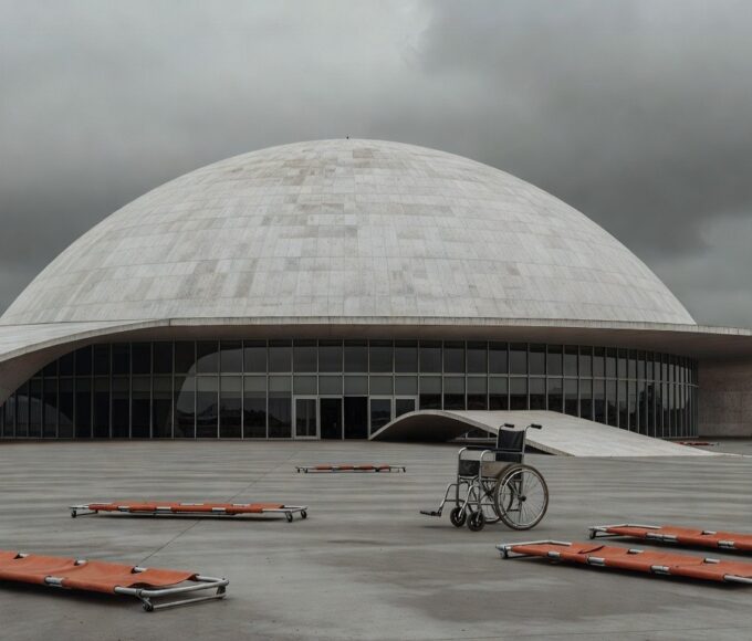 Hospital público em Brasília com equipamentos quebrados, expondo falhas na saúde durante celebração sindical.