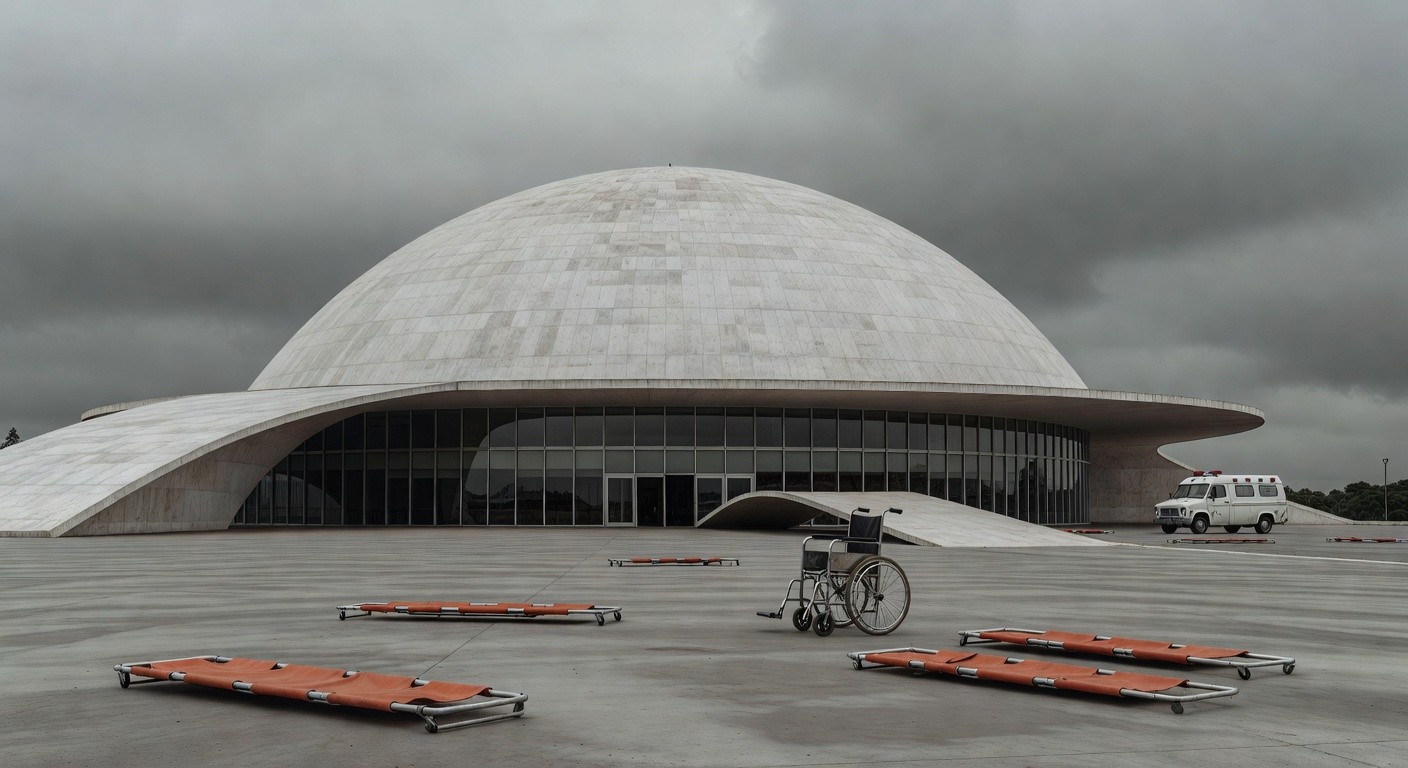 Hospital público em Brasília com equipamentos quebrados, expondo falhas na saúde durante celebração sindical.