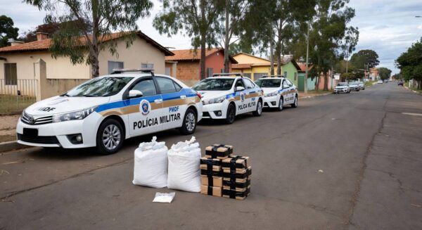 Viaturas da PMDF e pacotes de drogas apreendidos em rua do Recanto das Emas, Brasília.