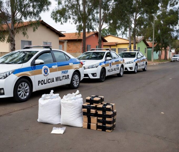 Viaturas da PMDF e pacotes de drogas apreendidos em rua do Recanto das Emas, Brasília.