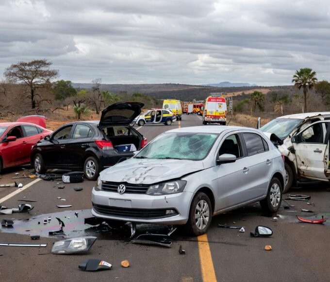 Acidente com quatro veículos na DF-150 em Sobradinho, com viaturas de emergência e carros danificados na rodovia.