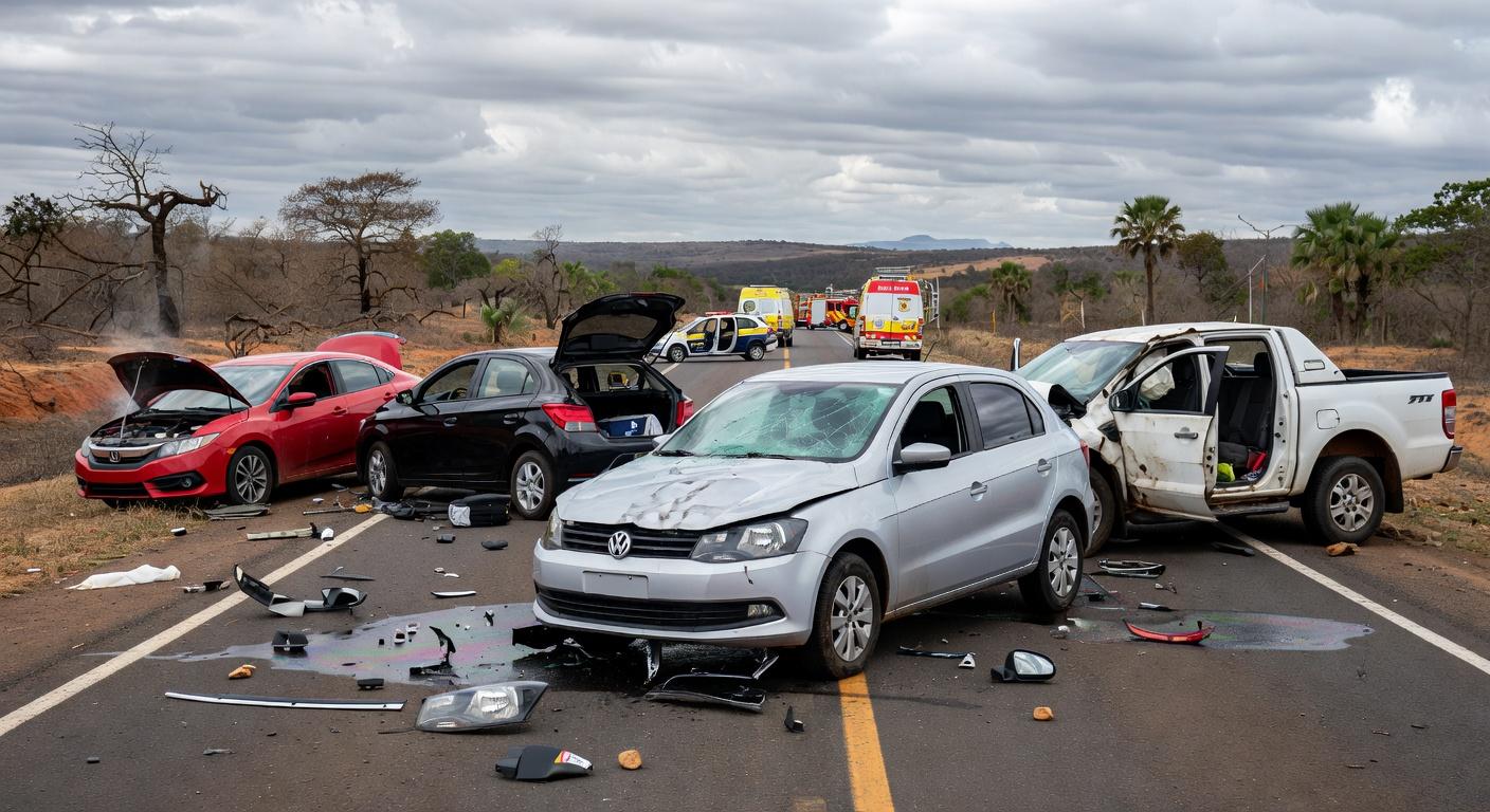 Acidente com quatro veículos na DF-150 em Sobradinho, com viaturas de emergência e carros danificados na rodovia.