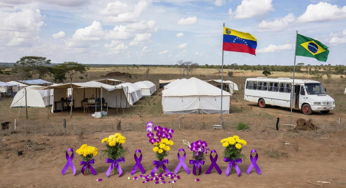 Acampamento da Operação Acolhida em Roraima com bandeiras venezuelana e brasileira, símbolos do Dia da Mulher e ônibus de interiorização.
