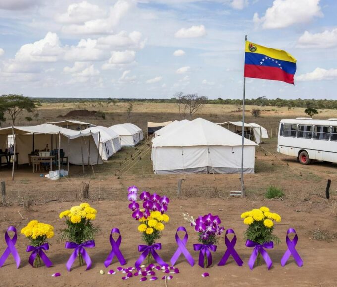Acampamento da Operação Acolhida em Roraima com bandeiras venezuelana e brasileira, símbolos do Dia da Mulher e ônibus de interiorização.