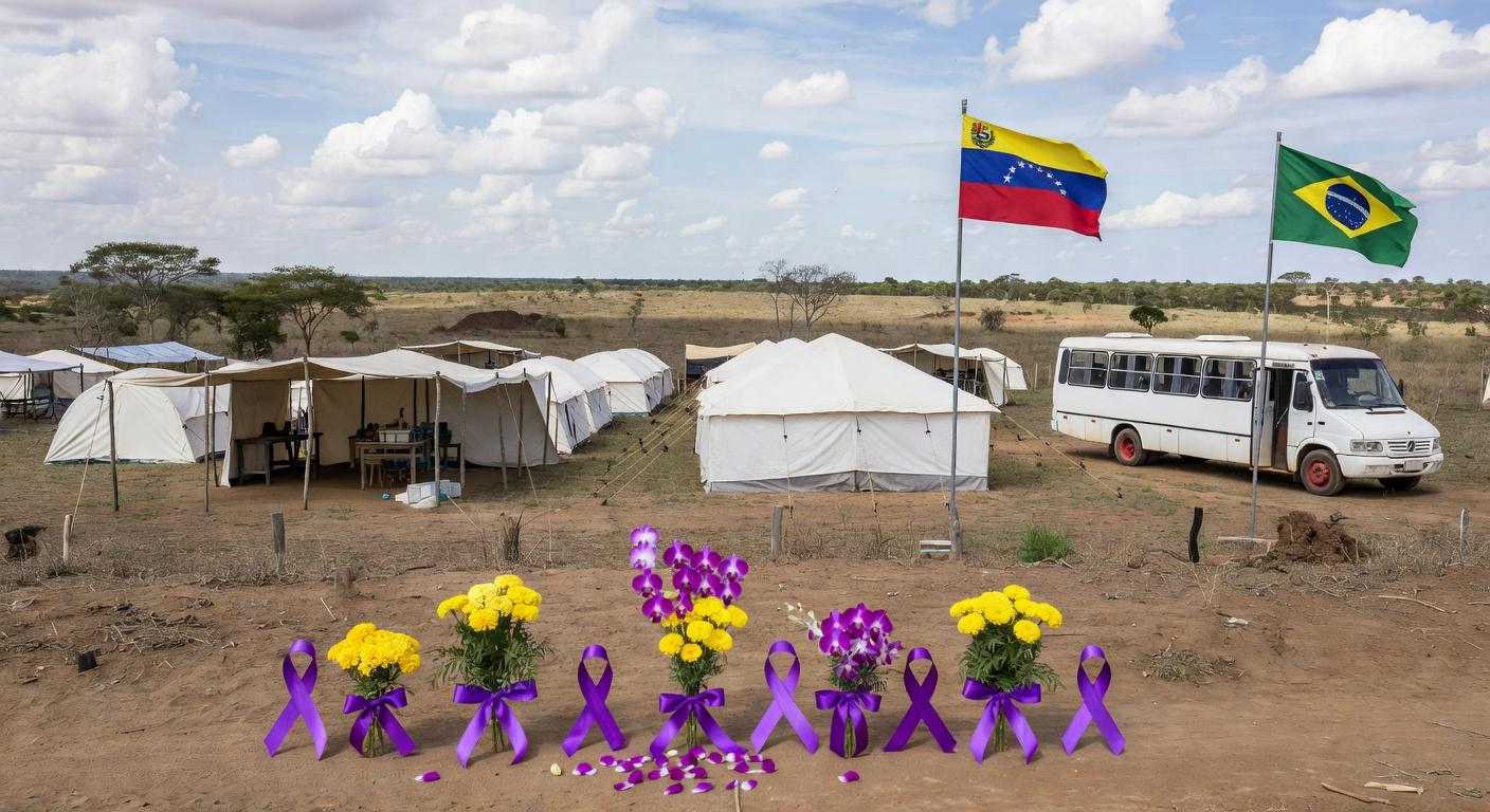 Acampamento da Operação Acolhida em Roraima com bandeiras venezuelana e brasileira, símbolos do Dia da Mulher e ônibus de interiorização.
