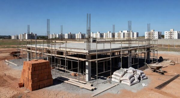 Cena de obra no Gama, DF, com laje caída e entulhos, representando tragédia em construção.