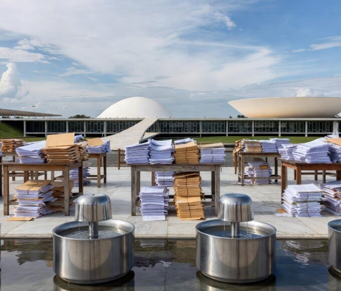 Evento em Brasília com bebedouros e documentos burocráticos, representando lei da CLDF sobre obrigatoriedade em eventos no DF.