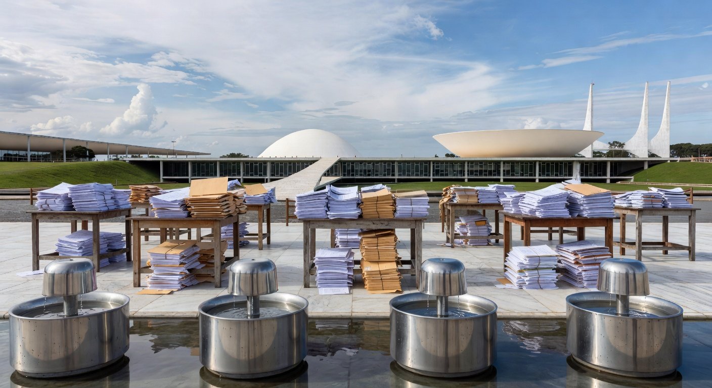 Evento em Brasília com bebedouros e documentos burocráticos, representando lei da CLDF sobre obrigatoriedade em eventos no DF.