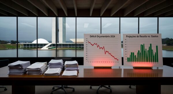 Edifício da CLDF com documentos de desequilíbrios fiscais de 2025 em audiência tensa no Distrito Federal.