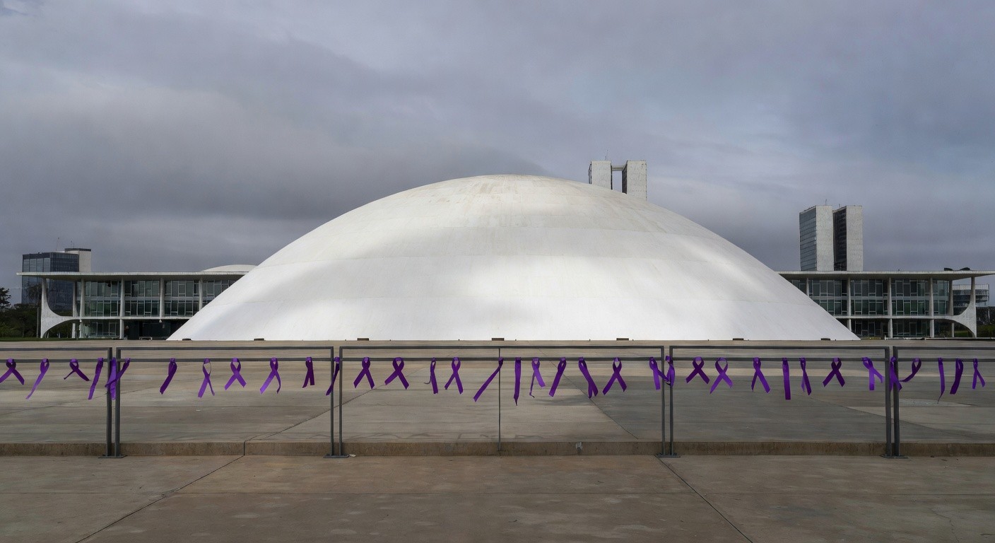 Edifício da CLDF em Brasília com fitas roxas contra violência de gênero em dia nublado.