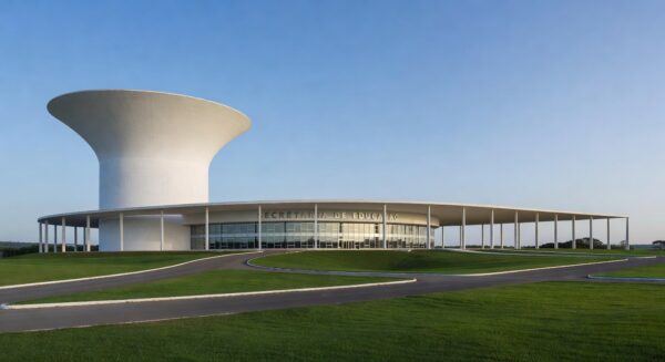 Prédio da Secretaria de Educação no Distrito Federal, Brasília, simbolizando negação de irregularidades por deputado.