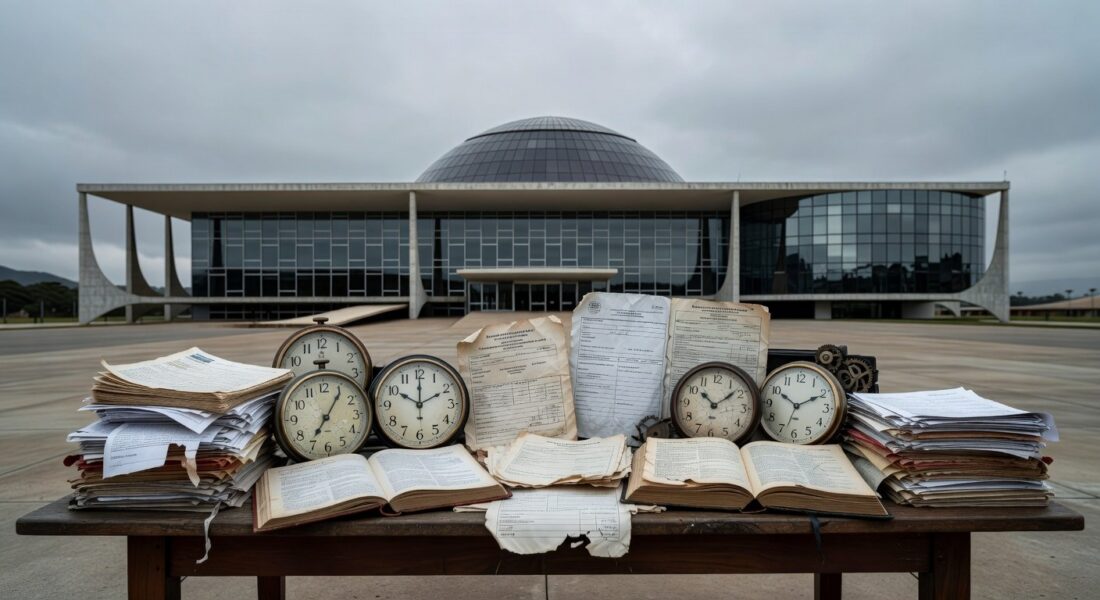 Edifício da CLDF em Brasília com elementos de negligência urbana, simbolizando prioridades erradas e crises ignoradas no DF.
