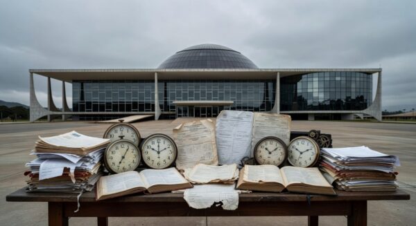 Edifício da CLDF em Brasília com elementos de negligência urbana, simbolizando prioridades erradas e crises ignoradas no DF.