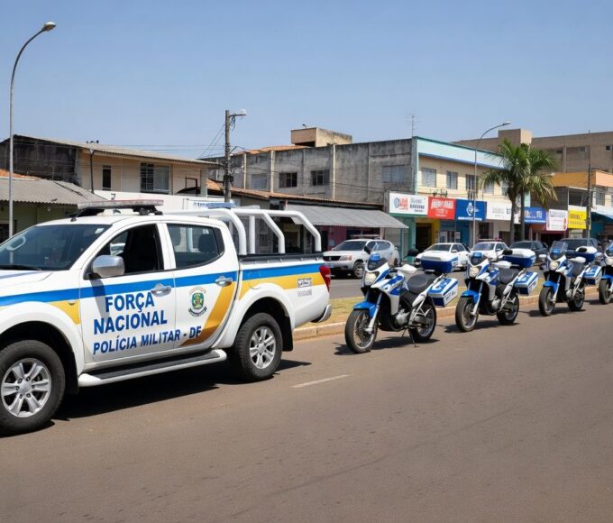 Viaturas da PMDF em operação de reforço de segurança nas ruas de Taguatinga, Distrito Federal.