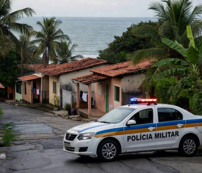Viatura da Polícia Militar em rua de São Sebastião durante detenção por ameaça e porte de arma.