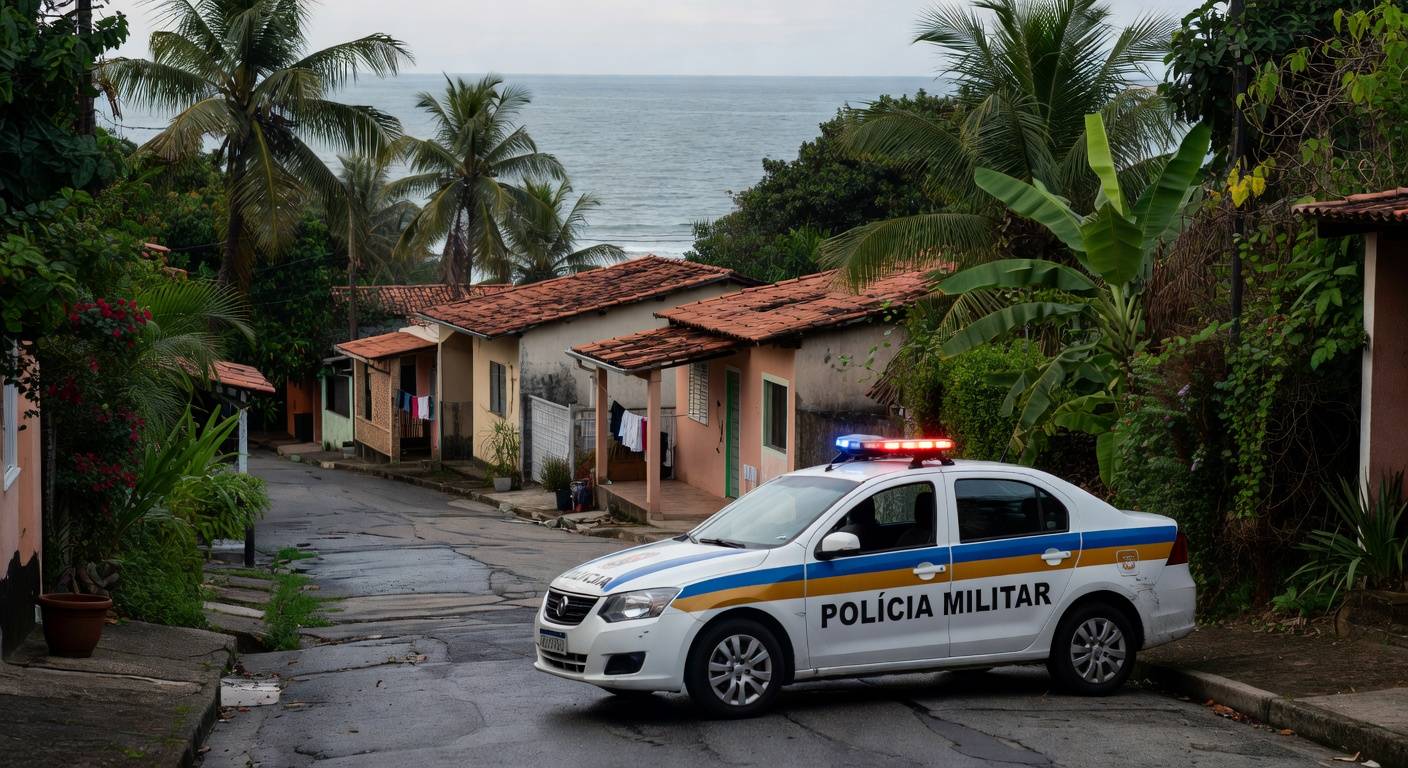 Viatura da Polícia Militar em rua de São Sebastião durante detenção por ameaça e porte de arma.