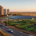 Vista panorâmica de Riacho Fundo II transformado em polo autossuficiente com investimentos do GDF em infraestrutura urbana sustentável.