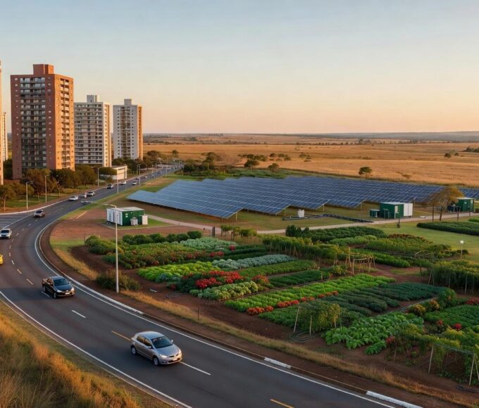 Vista panorâmica de Riacho Fundo II transformado em polo autossuficiente com investimentos do GDF em infraestrutura urbana sustentável.
